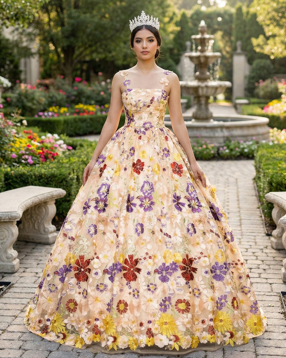 Quinceanera Dress Champagne A - line Flowers Long Prom Dress - KissProm