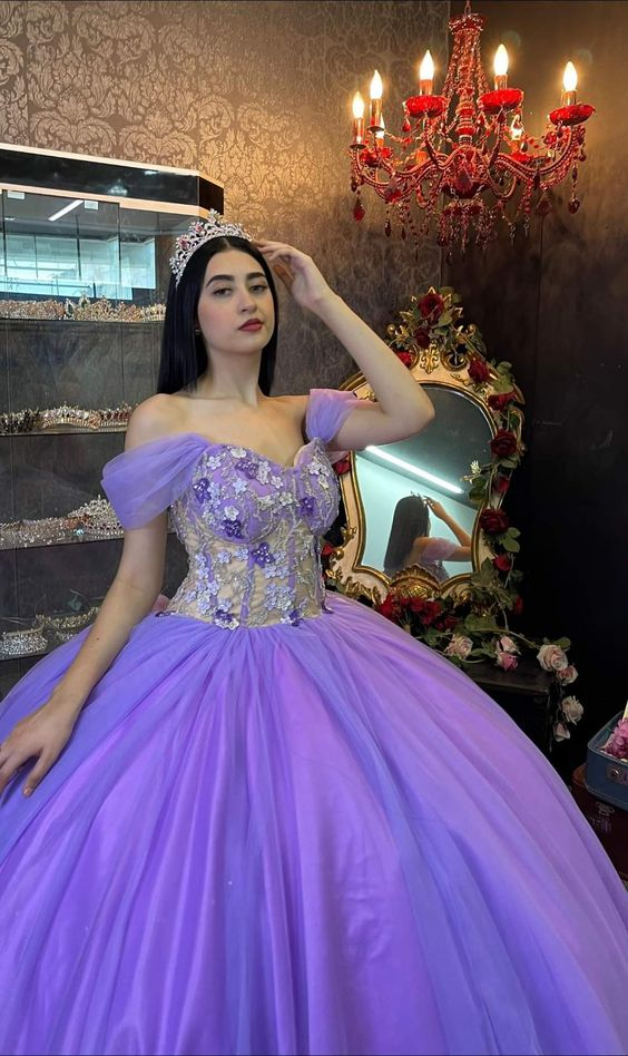 Ball Gown Organza Off - the - Shoulder Purple Quinceanera Dress - KissProm