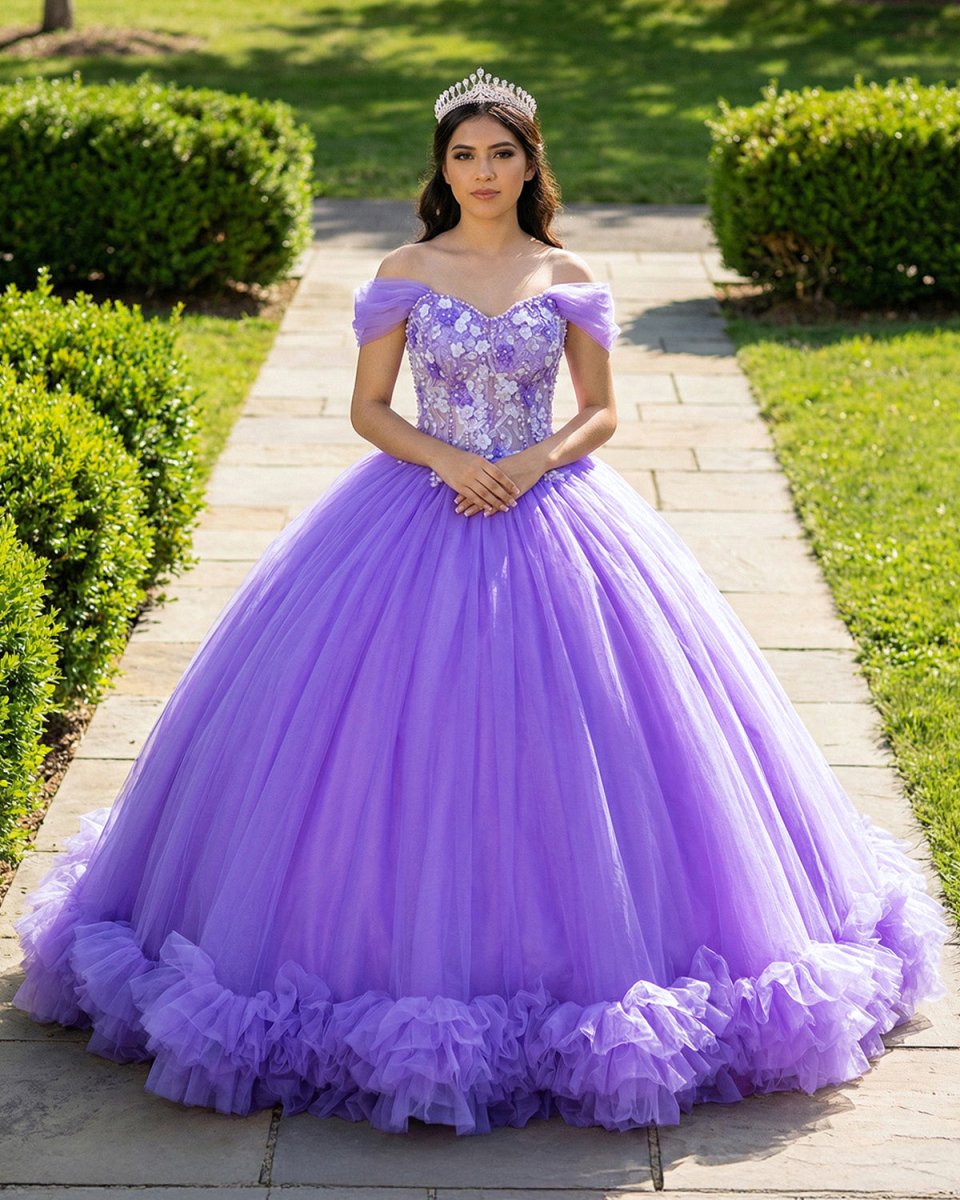 Ball Gown Organza Off - the - Shoulder Purple Quinceanera Dress - KissProm