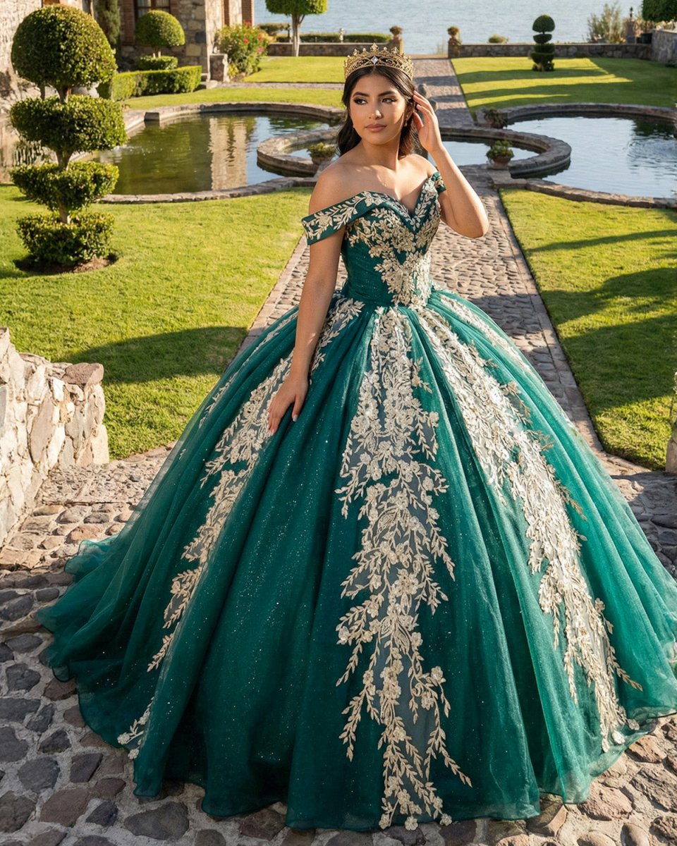 Ball Gown Organza Off - the - Shoulder Dark Green Quinceanera Dress - KissProm