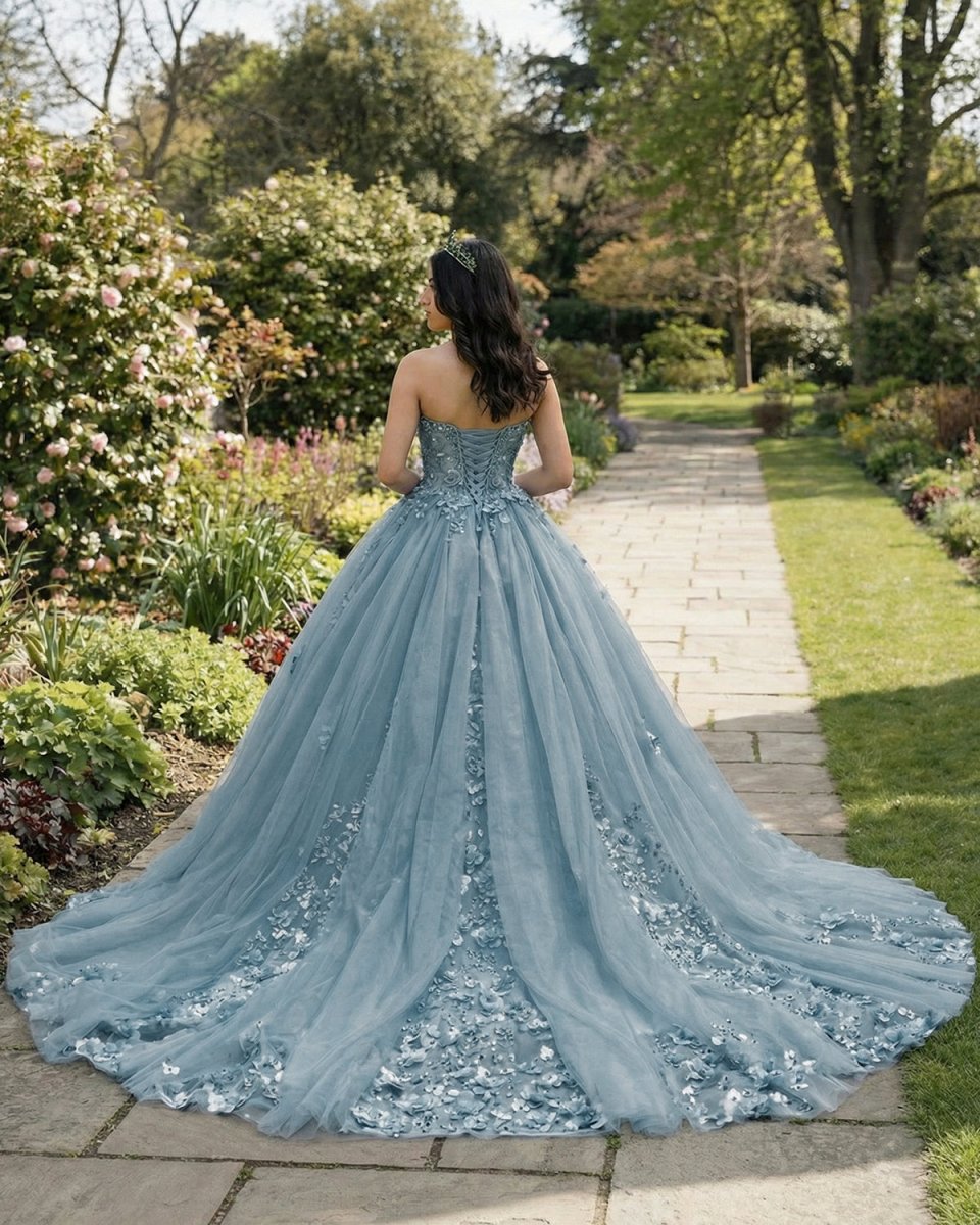 Dusty Blue Sweetheart Ball Gown Quinceanera Dress With 3D Flowers - KissProm