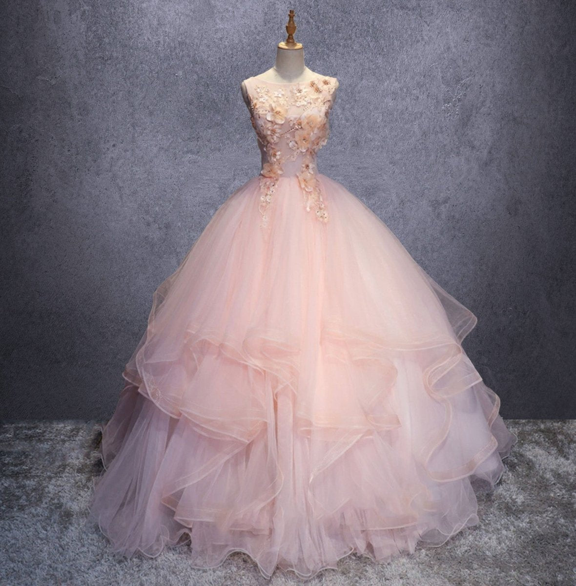 Pink A Line Organza Floor-Length Prom Dress with Appliqued