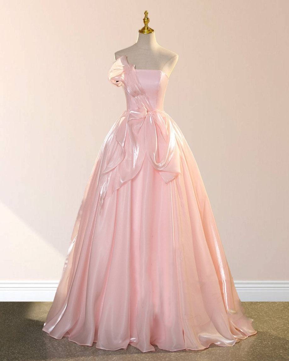 Elegant Shiny Pink Organza Strapless Quinceanera Dresses