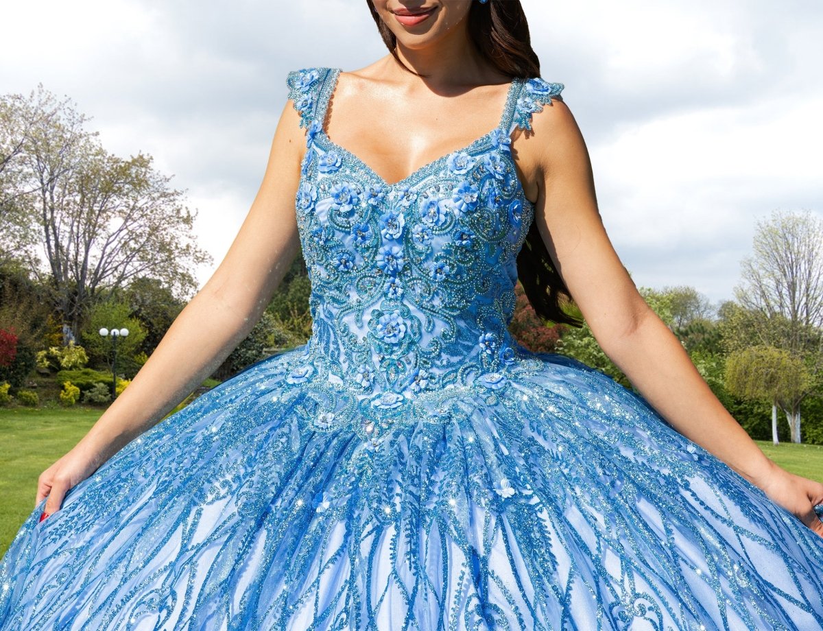 Ball Gown Lace V - Neck Sky Blue Quinceanera Dress - KissProm