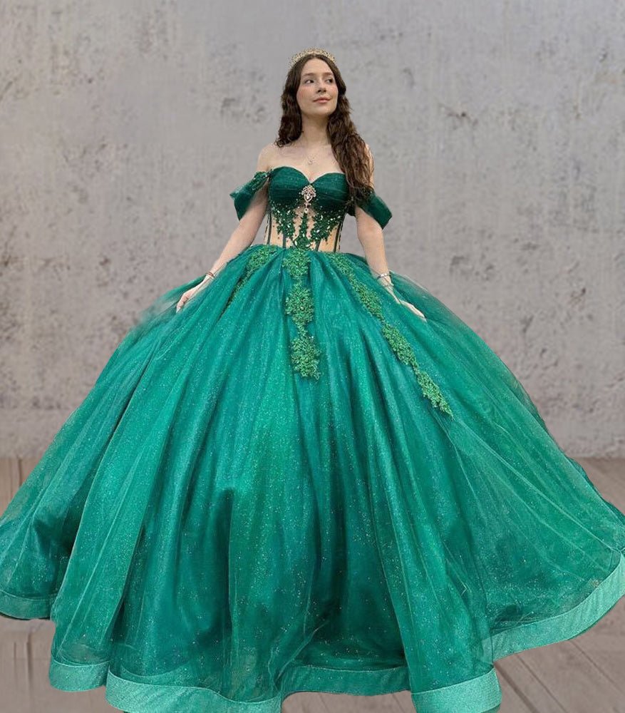 Emerald Green Ball - Gown Tulle Off - the - Shoulder Quinceanera Dresses - KissProm