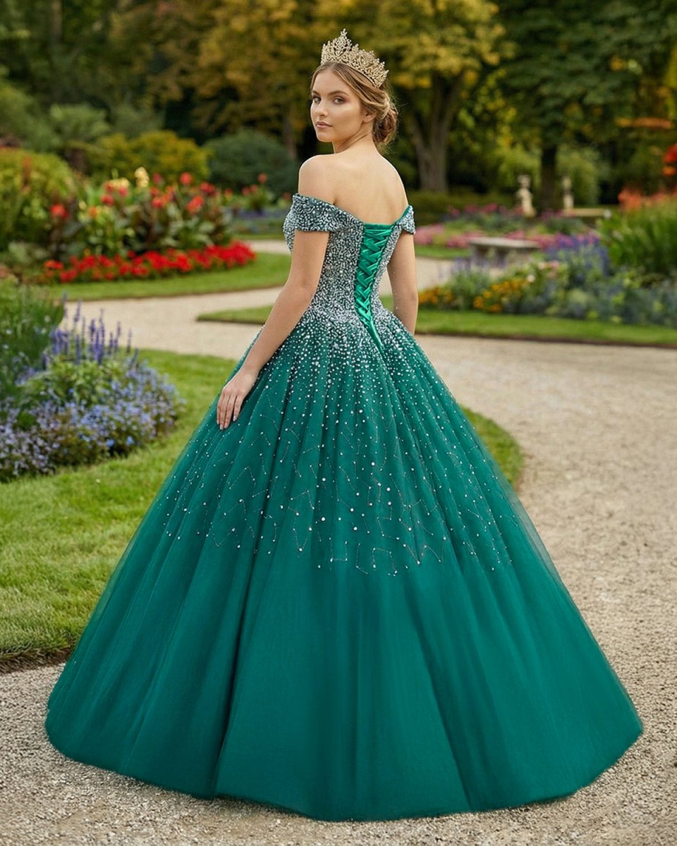 Emerald Green Off The Shoulder Tulle Quinceanera Dresses With Beadings - KissProm