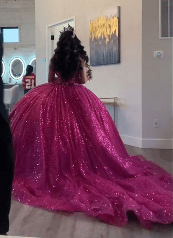 Fuchsia Sleeveless Sequin Quinceanera Dress