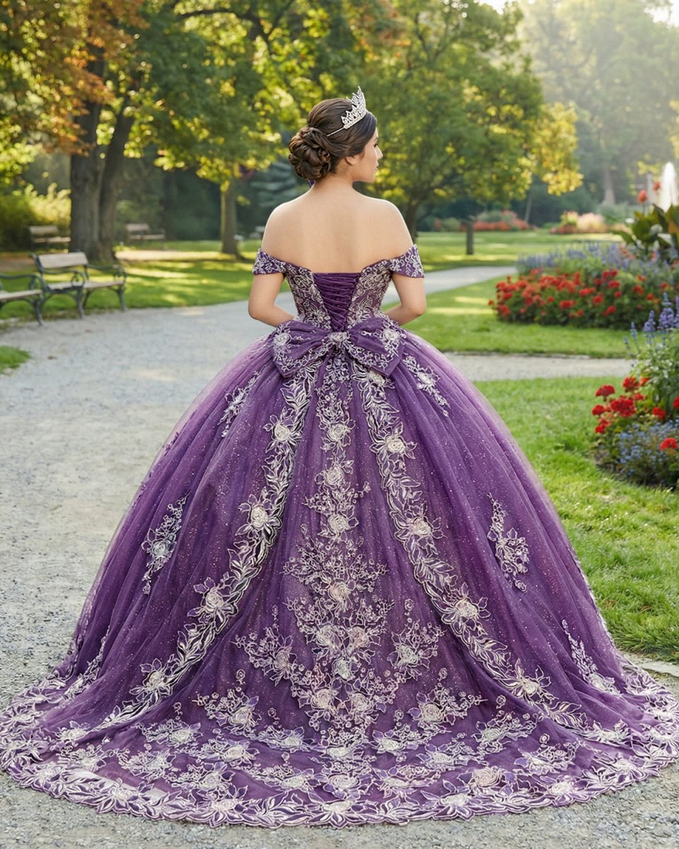 Quinceanera Dress Glamorous Purple Floral Lace Off - the - Shoulder - KissProm