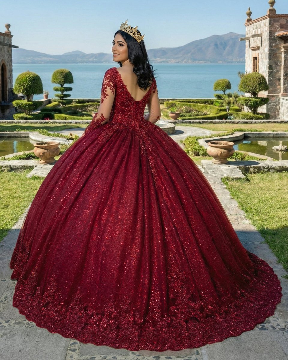 Glitter Long Sleeve Princess Burgundy Quinceanera Dresses - KissProm