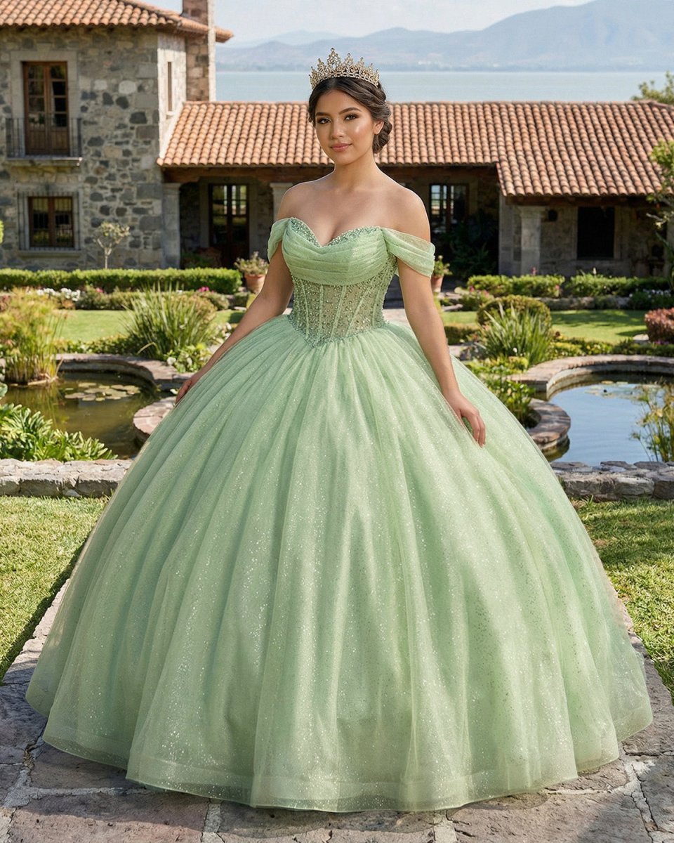 Glitter Off The Shoulder Beading Tulle Long Quinceanera Dresses - KissProm