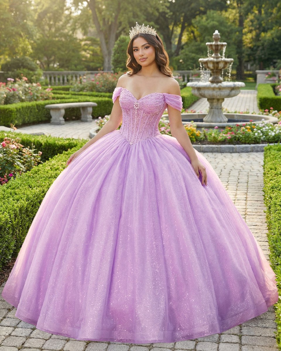 Glitter Off The Shoulder Pink Ball Gown Quinceanera Dresses - KissProm