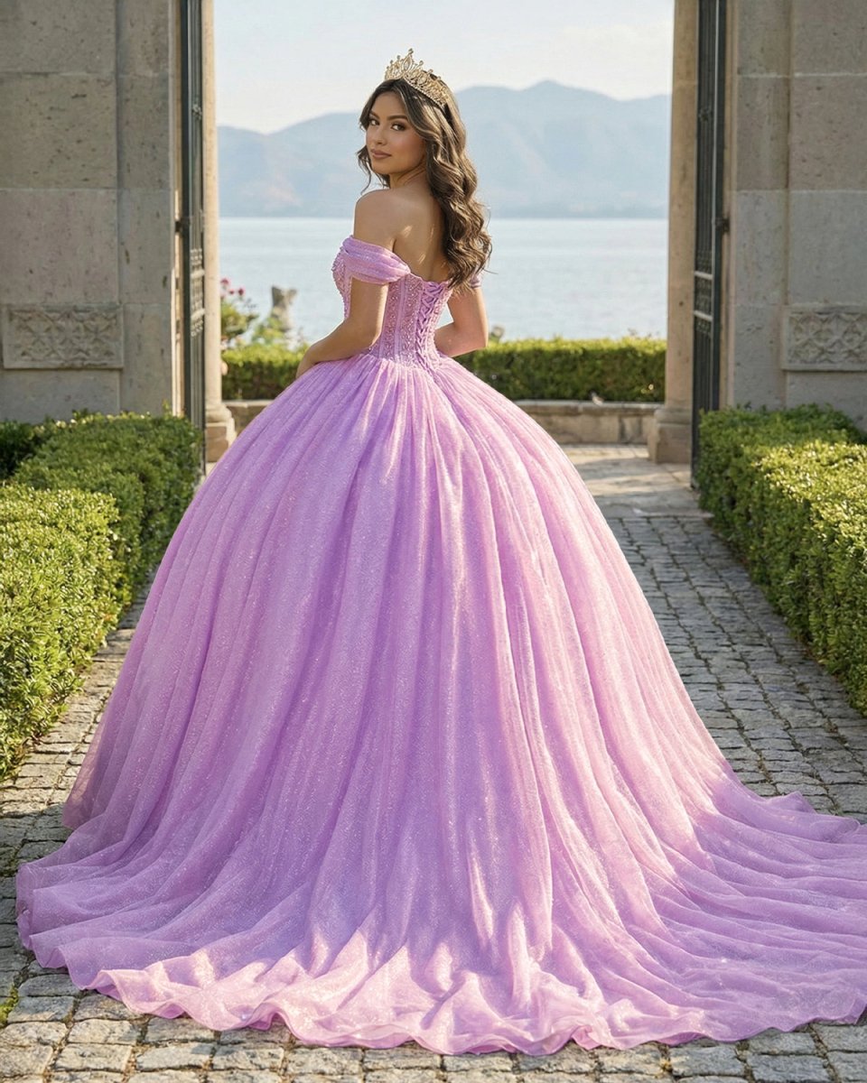 Glitter Off The Shoulder Pink Ball Gown Quinceanera Dresses - KissProm
