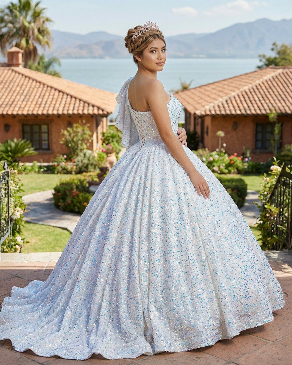 Glitter White Sequined One Shoulder Ball Gown Quinceanera Dress - KissProm