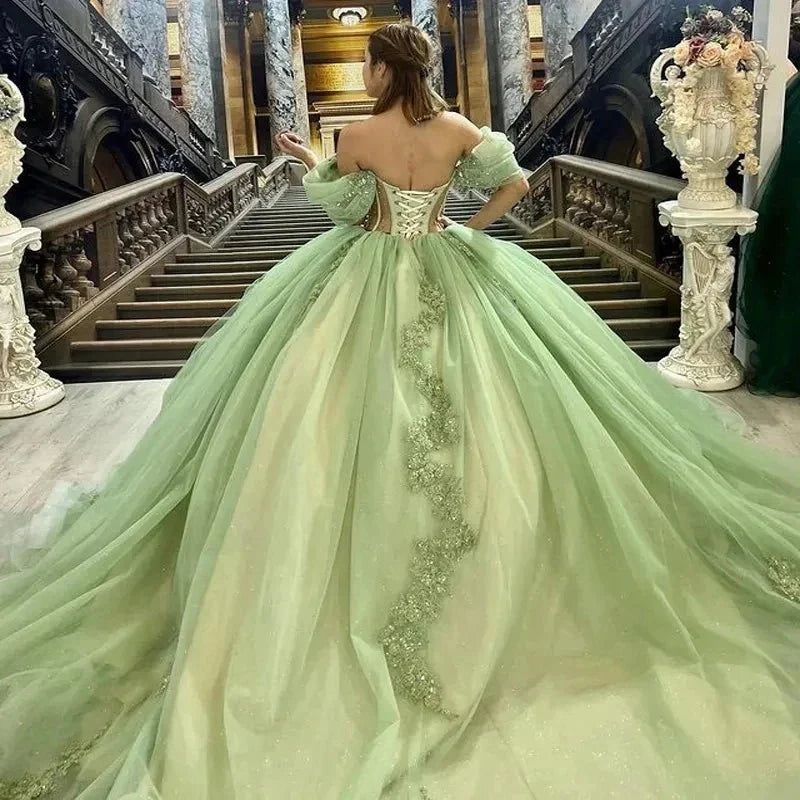 Sage Green Off Shoulder Beading Floral Appliqué Quinceanera Dress