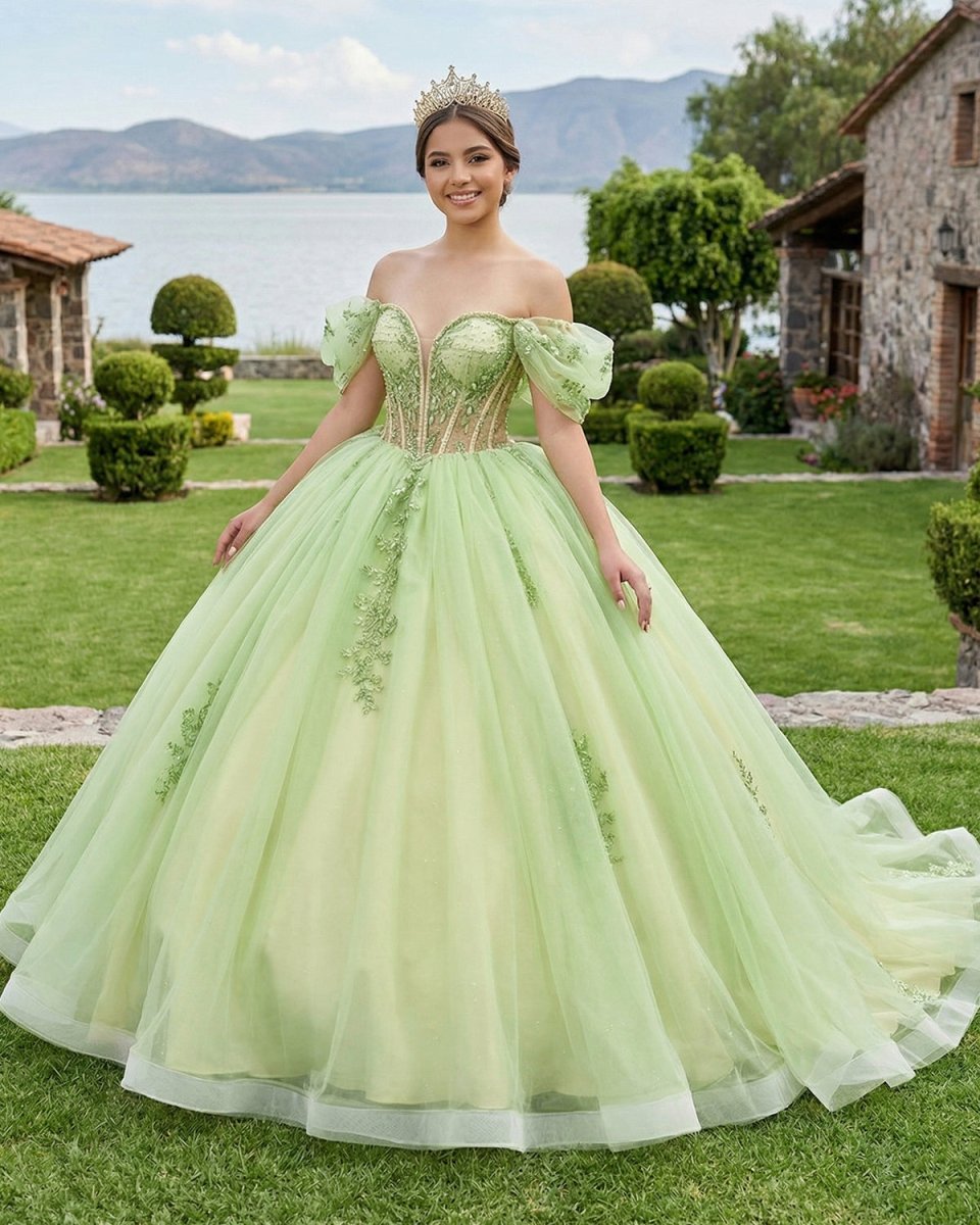 Sage Green Off Shoulder Beading Floral Appliqué Quinceanera Dress - KissProm