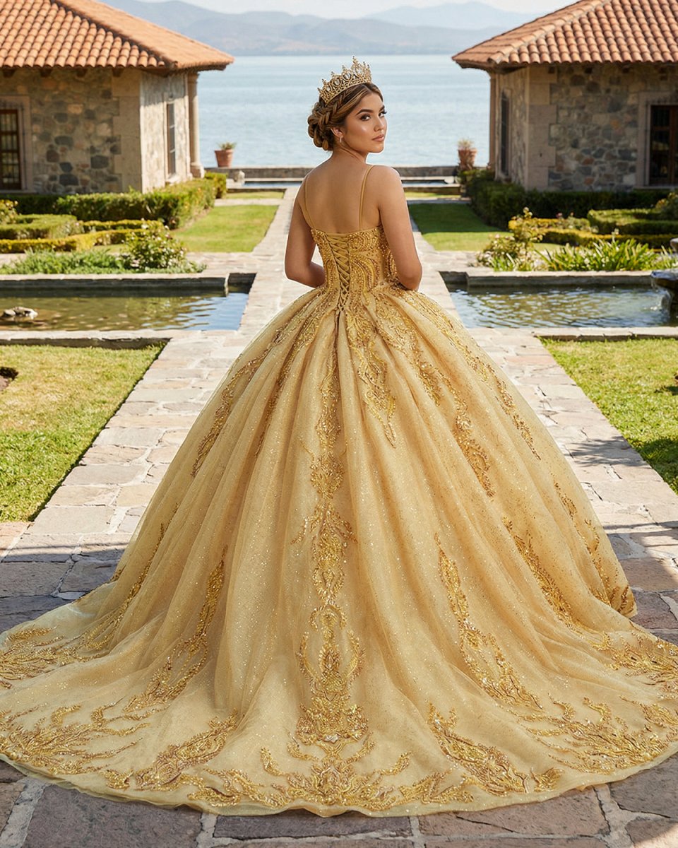 Quinceanera Dress Gold Beading Formal Long Evening Dress Spaghetti Straps Ball Gown - KissProm