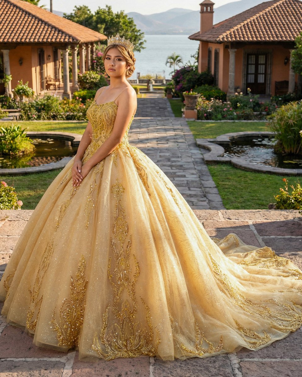 Quinceanera Dress Gold Beading Formal Long Evening Dress Spaghetti Straps Ball Gown - KissProm