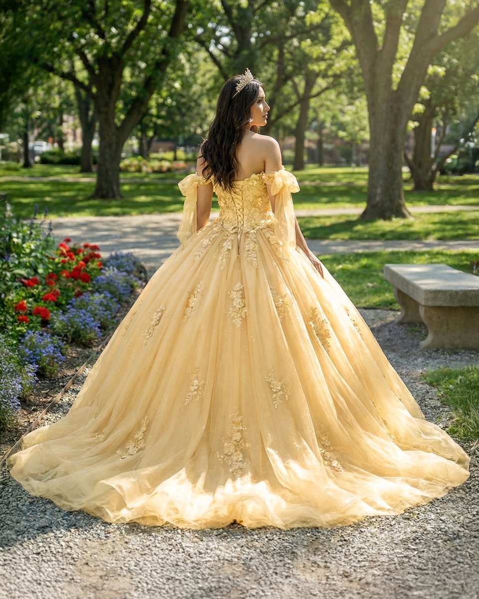 Gold Off Shoulder Tulle Quinceanera Dresses With Lace Appliques - KissProm
