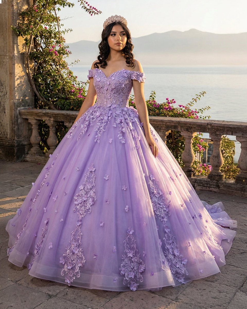 Lace Sky Blue Off the Shoulder Ball Gown Quinceanera Dresses - KissProm