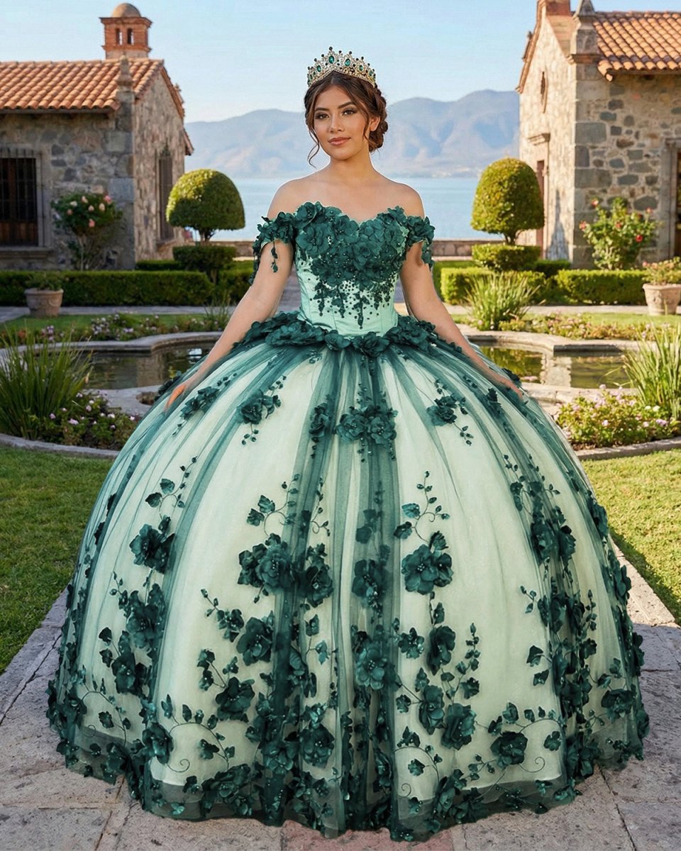 Green Ball Gown Off The Shoulder 3D Flowers Beads Applique Quinceanera Dresses - KissProm