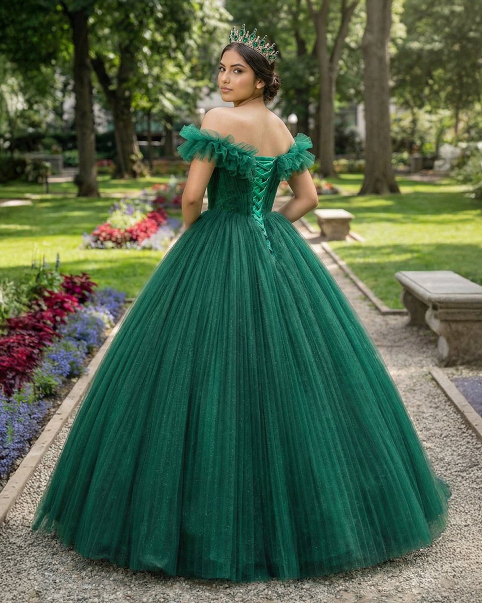 Green Off Shoulder Tulle Long Quinceanera Dresses - KissProm