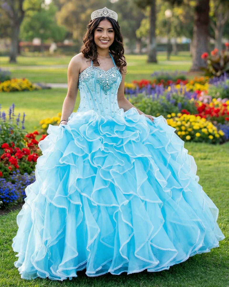 Halter Tulle Ball Gown Quinceanera Dresses With Rhinestones - KissProm