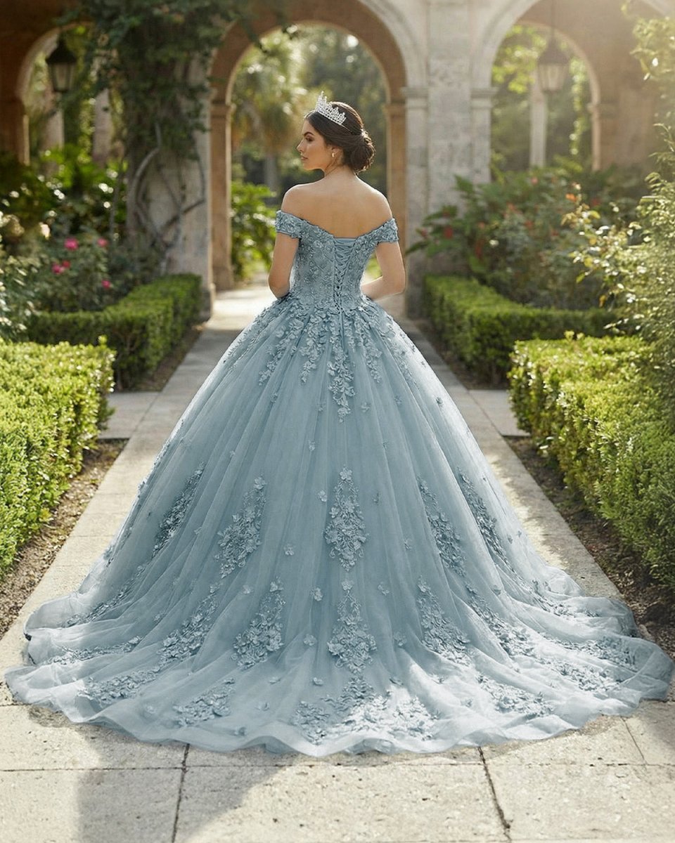 Acacia | Lace Dusty Blue Off the Shoulder Ball Gown Quinceanera Dresses - KissProm