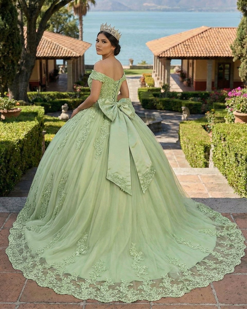 Lace Tulle Sage Applique Off Shoulder Quinceanera Dresses - KissProm