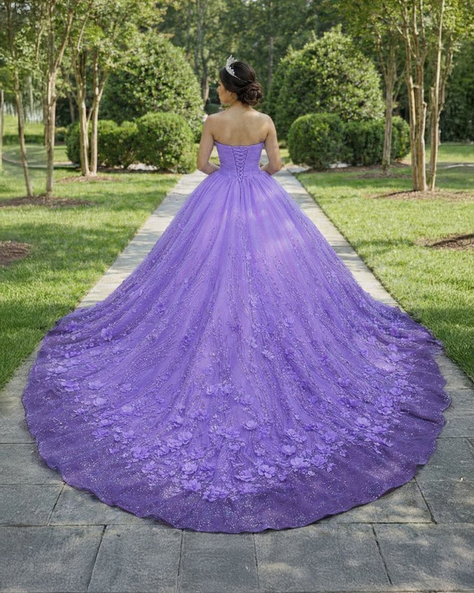 A Line Purple Lace Sweetheart With Corset Back Quinceanera Dresses - KissProm