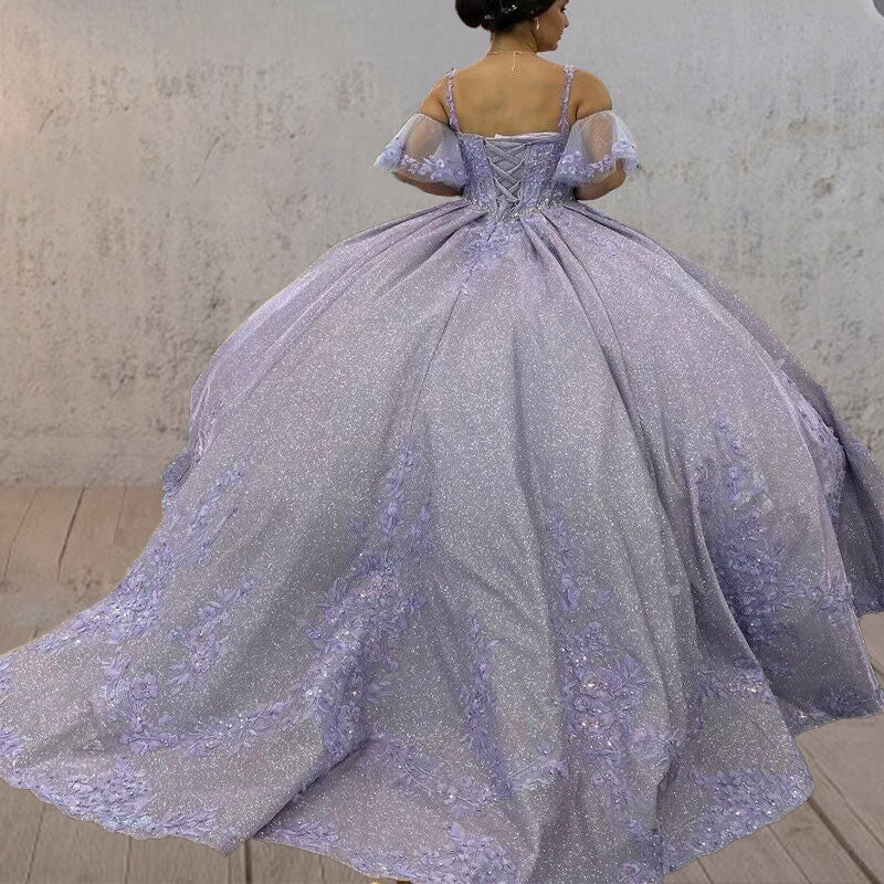 Lavender Off - the - Shoulder Straps Appliqued Quinceanera Dresses - KissProm