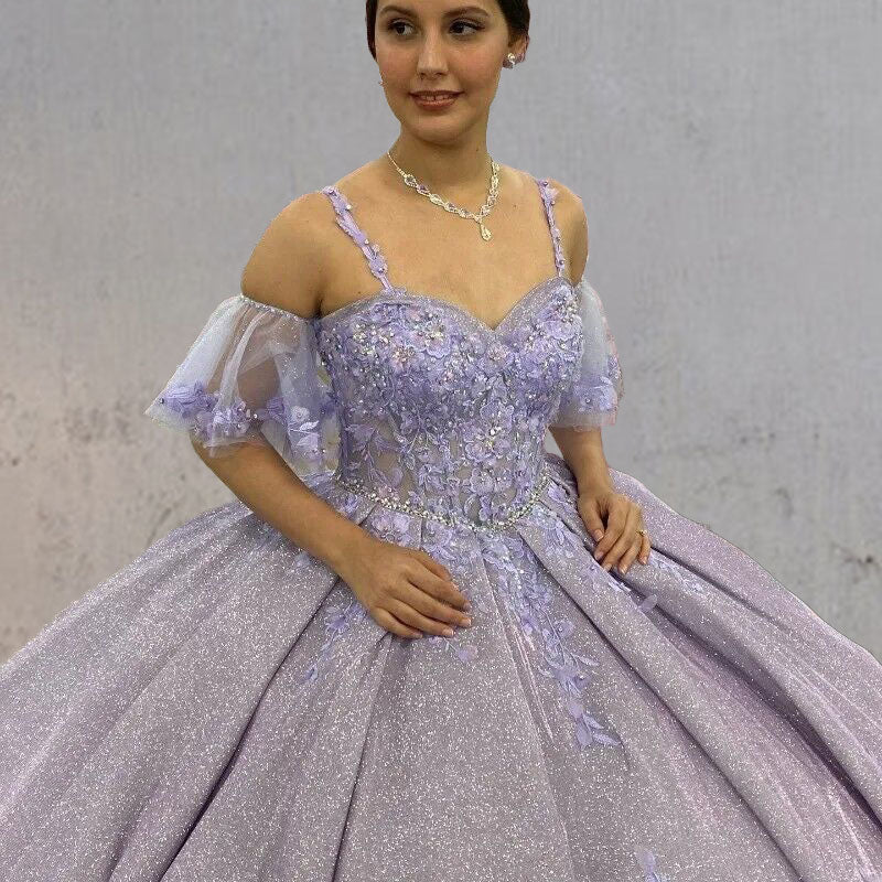Lavender Off - the - Shoulder Straps Appliqued Quinceanera Dresses - KissProm