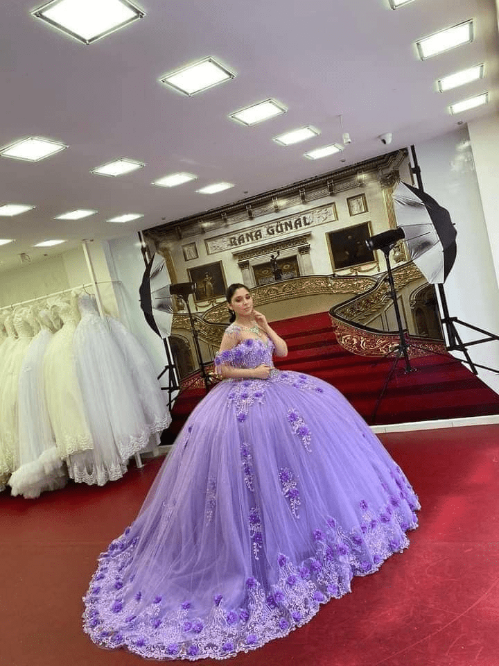 Ball Gown Lace Off - the - Shoulder Lavender Quinceanera Dress - KissProm