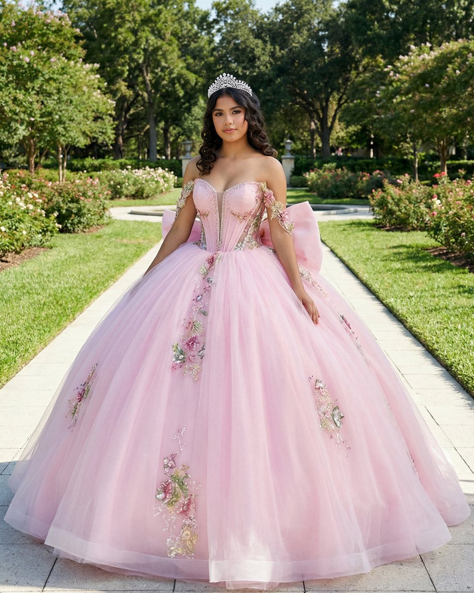 Pink - Off - The - Shoulder Tulle Appliqued Quinceanera Dress With Bow - KissProm