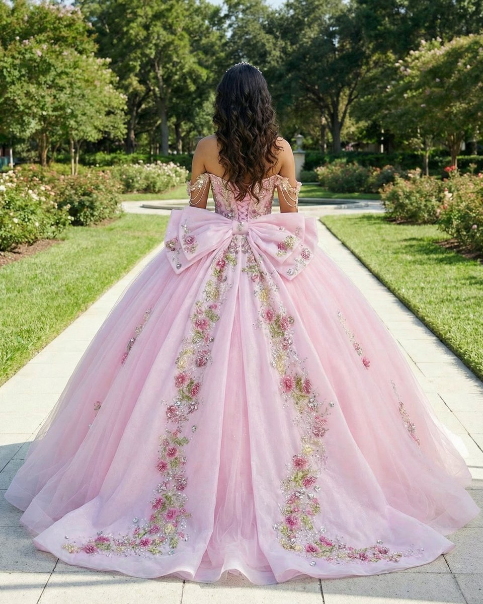 Pink - Off - The - Shoulder Tulle Appliqued Quinceanera Dress With Bow - KissProm