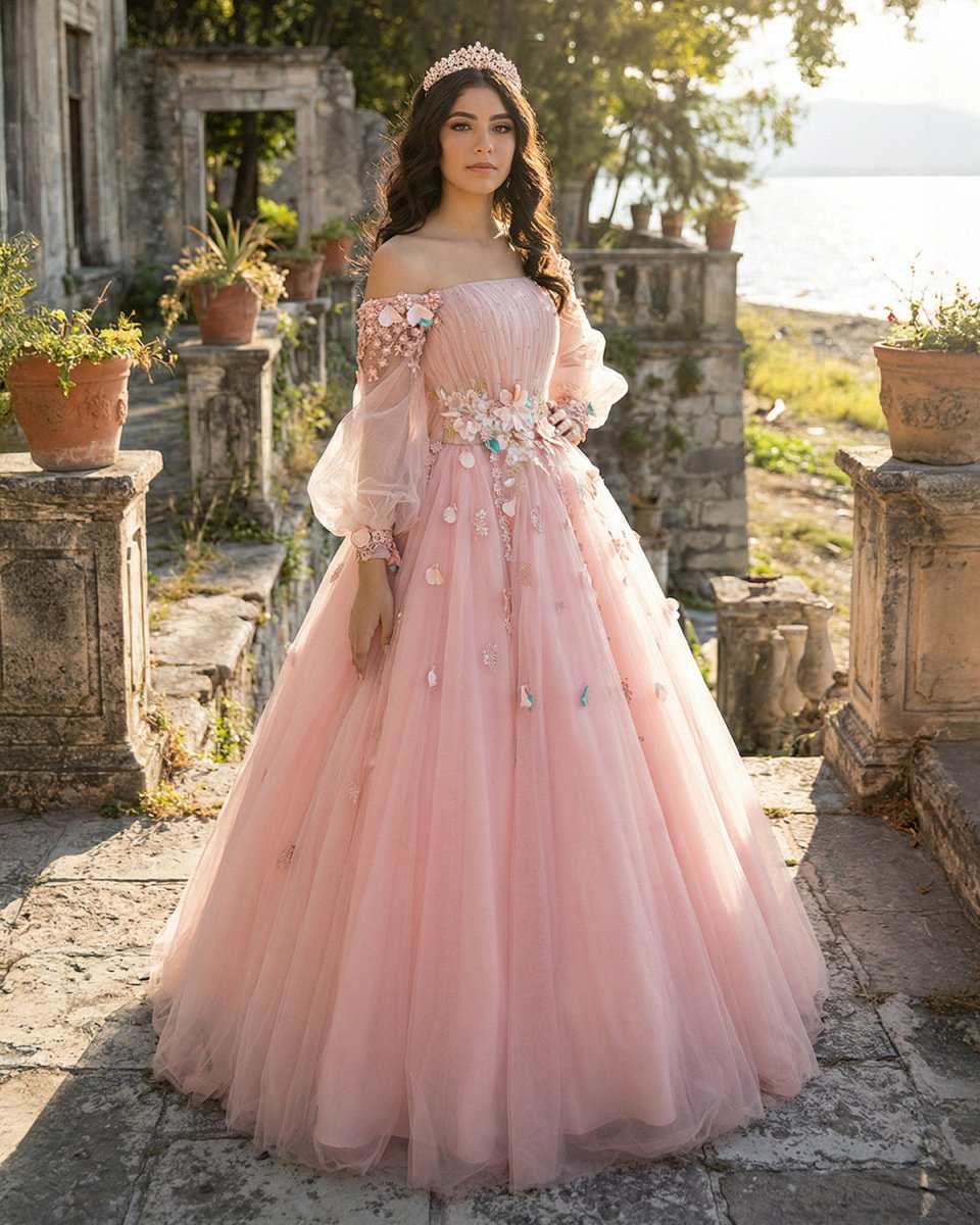 Long Sleeve Pearl Pink Off The Shoulder Quinceanera Dress with Hand - made Flower - KissProm