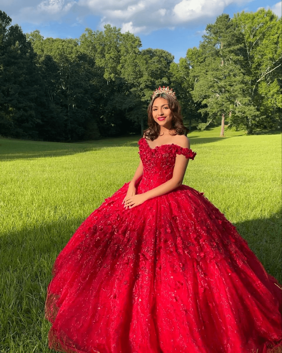 Ball Gown Lace Off-the-Shoulder Red Quinceanera Dress