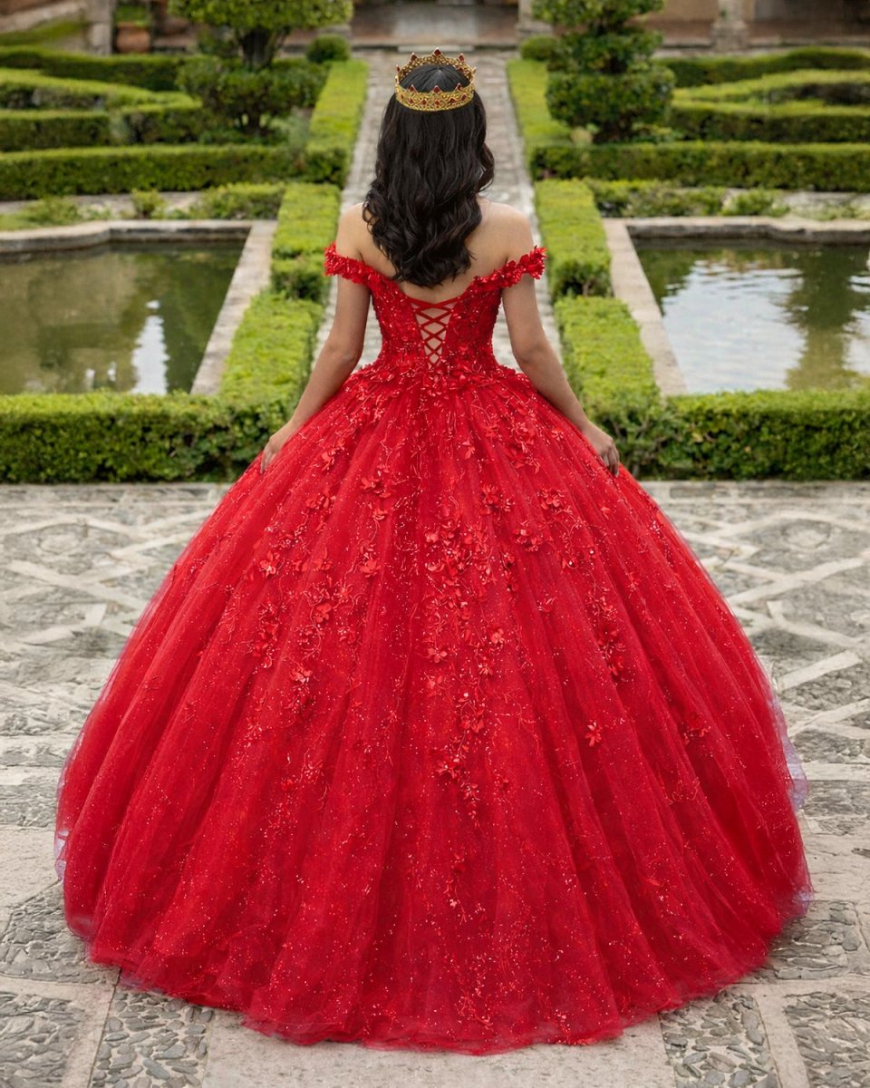 Ball Gown Lace Off - the - Shoulder Red Quinceanera Dress - KissProm