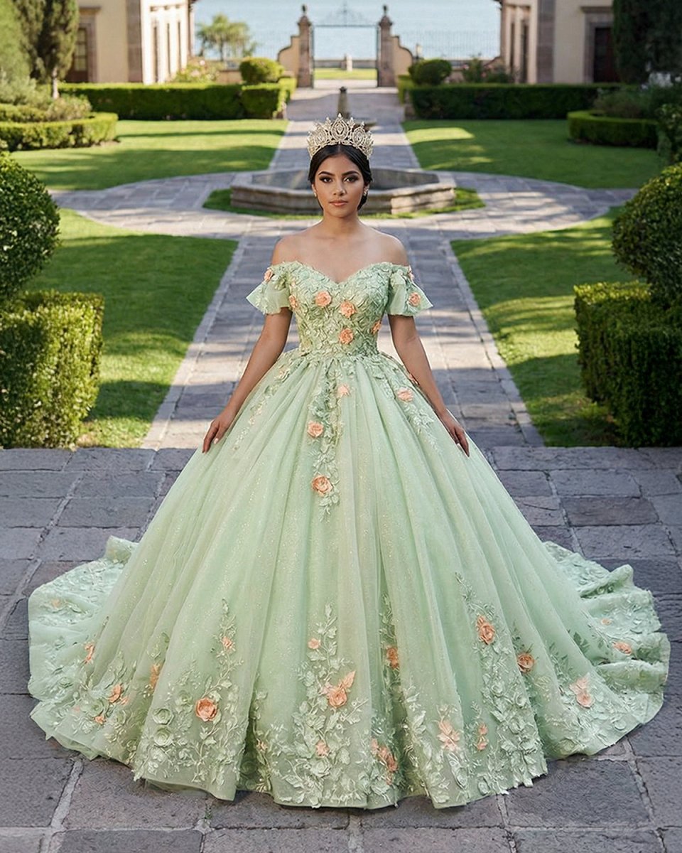 Sage Green Off The Shoulder Lace Up Back Ball Gown Quinceanera Dress - KissProm