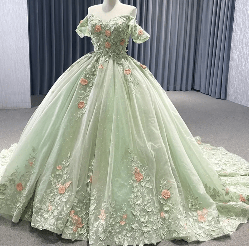 Light Green Off The Shoulder Lace Up Back Ball Gown Quinceanera Dress
