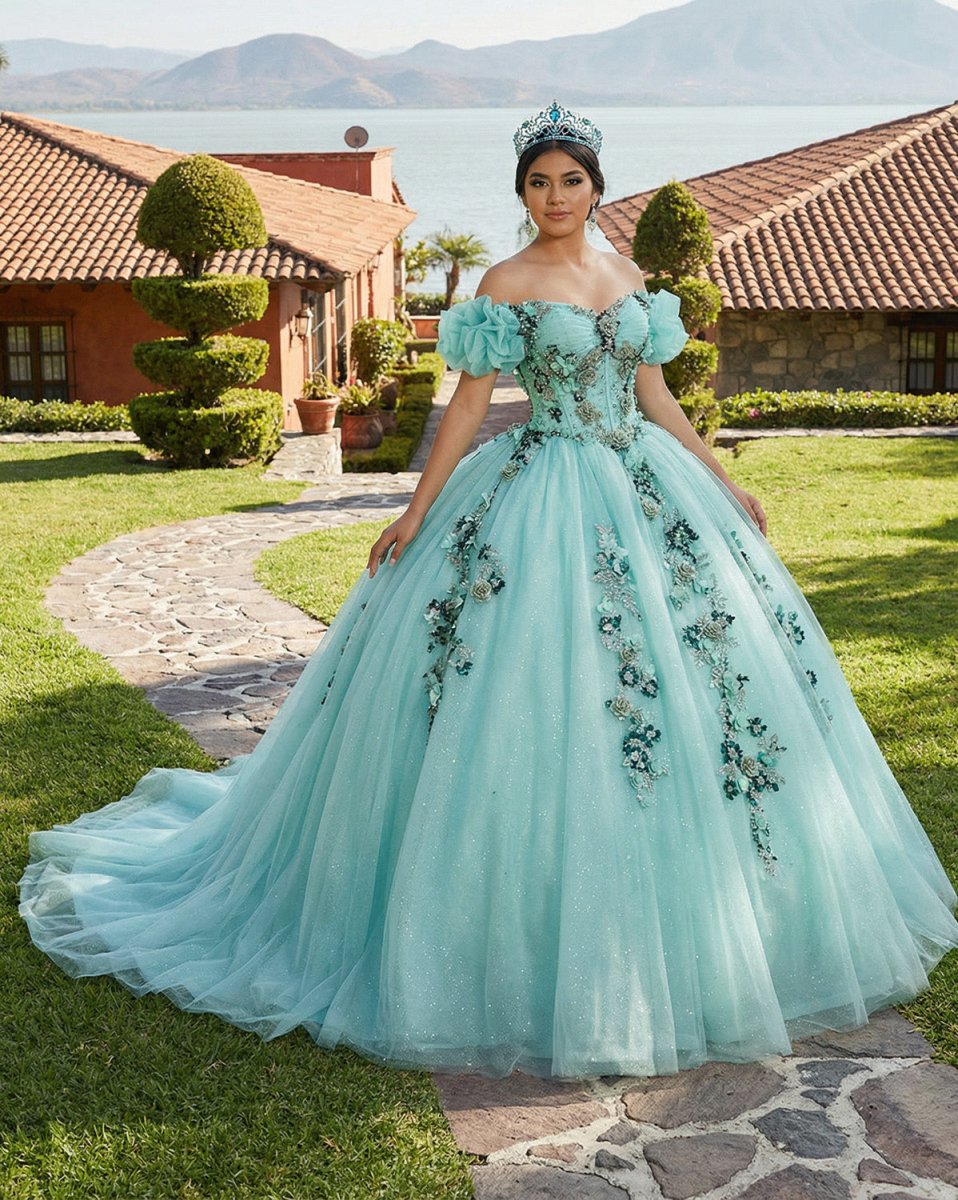 Mint Green Off Shoulder Court Train Quinceañera Dress - KissProm