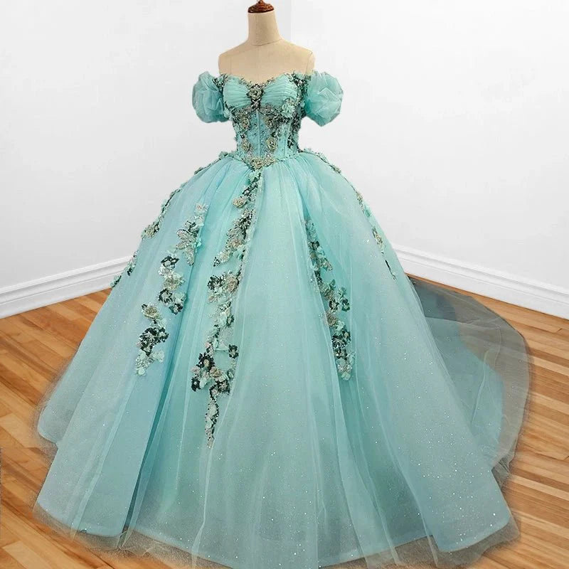 Mint Green Off Shoulder Court Train Quinceañera Dress