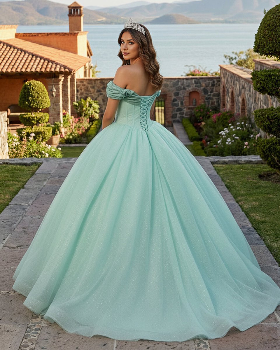 Glitter Mint Green Off The Shoulder Ball Gown Quinceanera Dresses - KissProm