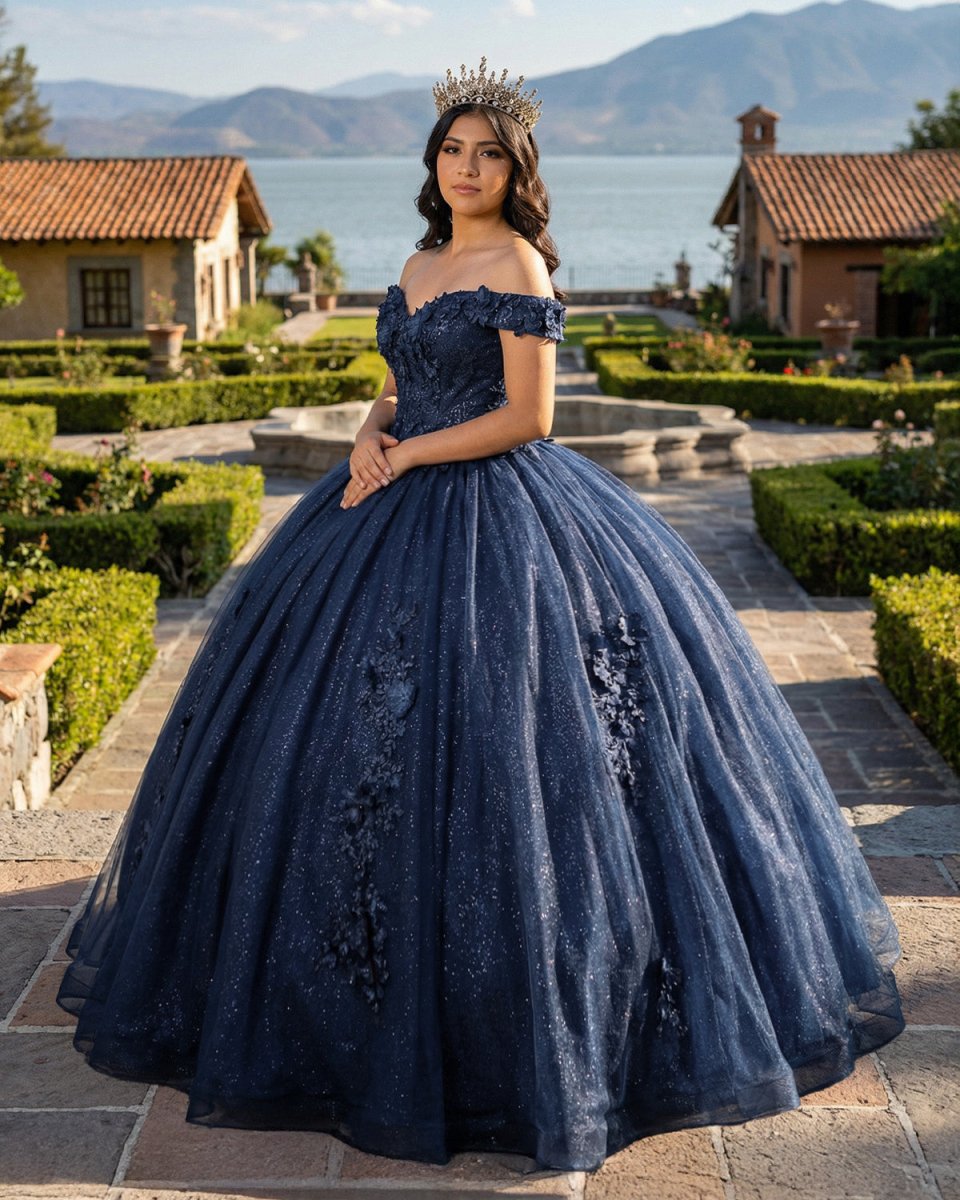 Navy Blue Organza Off The Shoulder Ball Gown Quinceanera Dress - KissProm