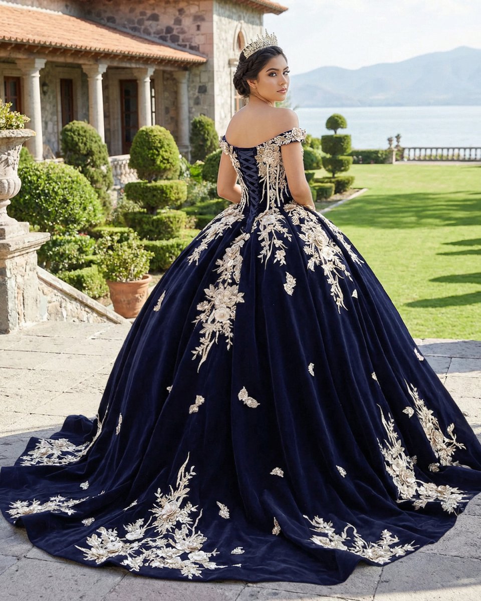 Navy Blue Velvet Quinceañera Dress With Train 3D Flower Appliques Ball Gown - KissProm