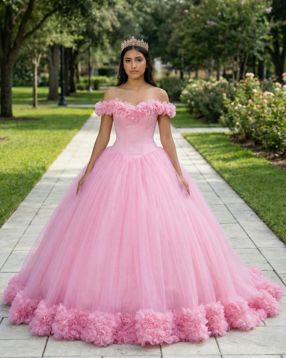 Off The Shoulder Flowers Tulle Ball Gown Pink Quinceanera Dresses - KissProm