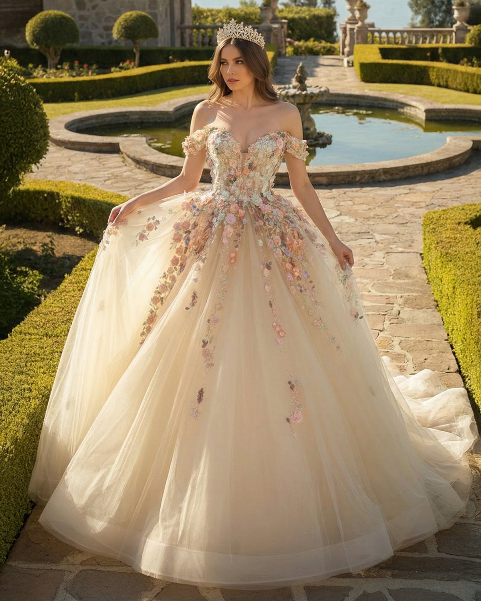 Off Shoulder Long Champagne Lace Champagne Quinceanera Dresses - KissProm