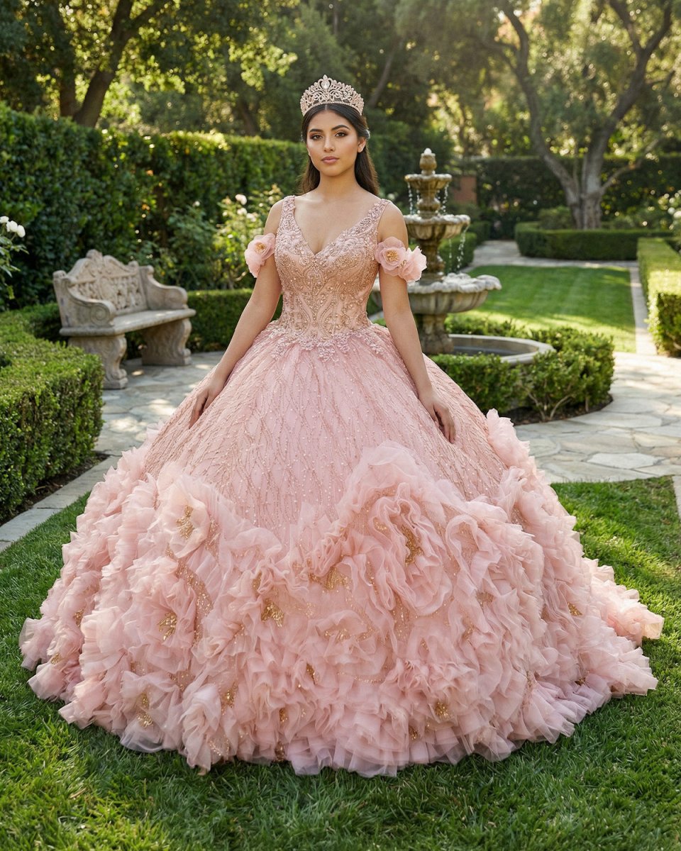 Blush Pink V Neckline Tulle Flower Quinceanera Dresses - KissProm