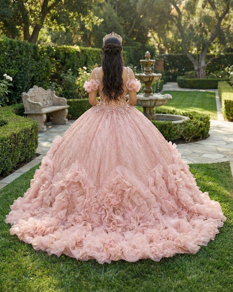 Blush Pink V Neckline Tulle Flower Quinceanera Dresses - KissProm
