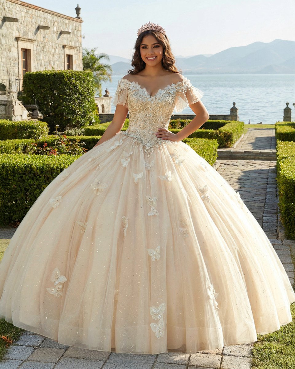 Off The Shoulder Butterfly Quinceanera Dress Glitter Ball Gown - KissProm
