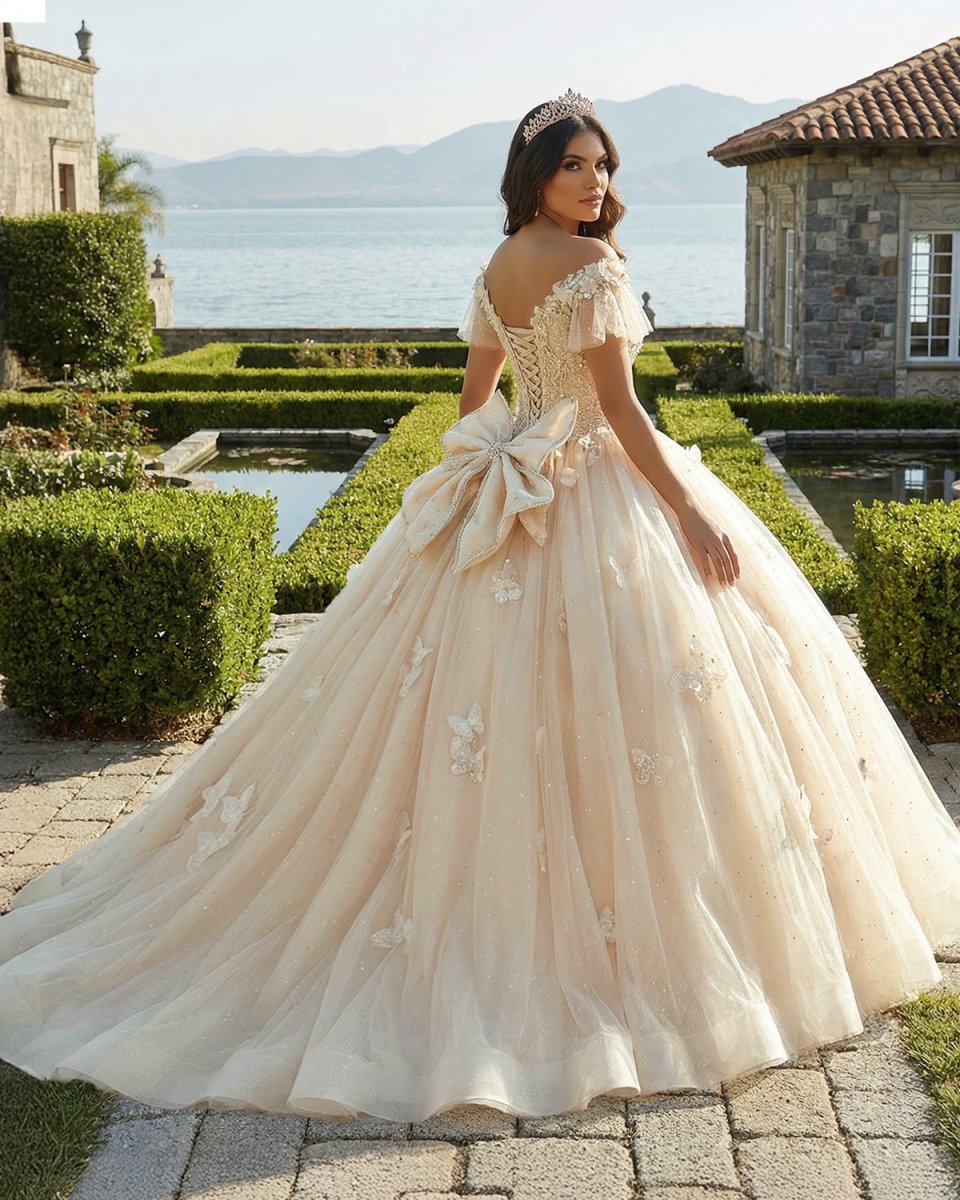 Off The Shoulder Butterfly Quinceanera Dress Glitter Ball Gown - KissProm